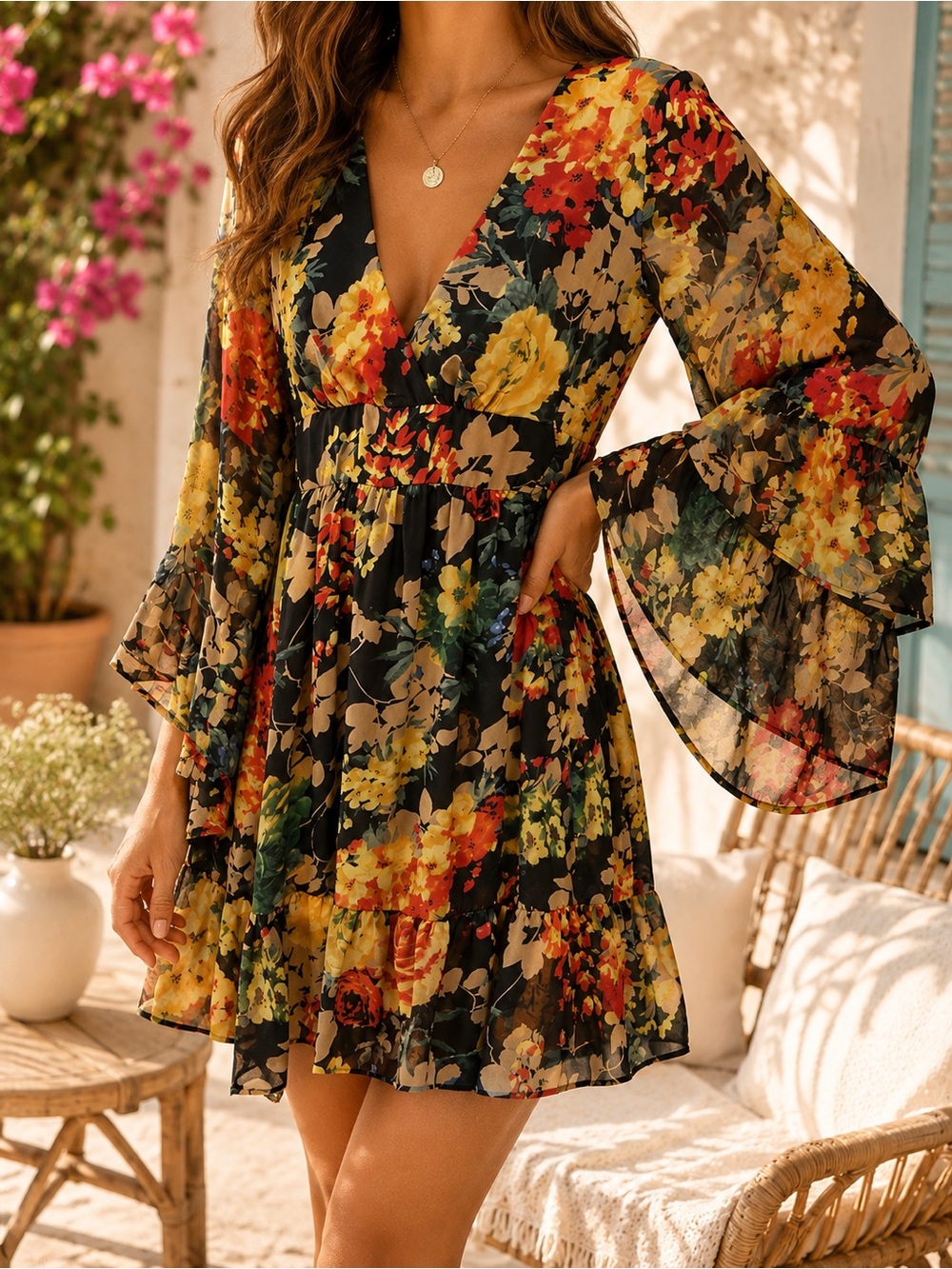 Betsey Johnson Black Floral Chiffon Fully Lined Cocktail Dress Size 6